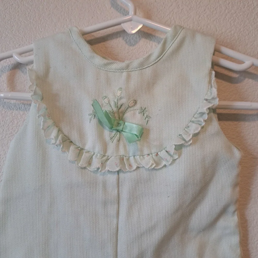 Vintage Health-tex Mint Green Corduroy Ruffle Romper Baby Girl 6 Months USA Made